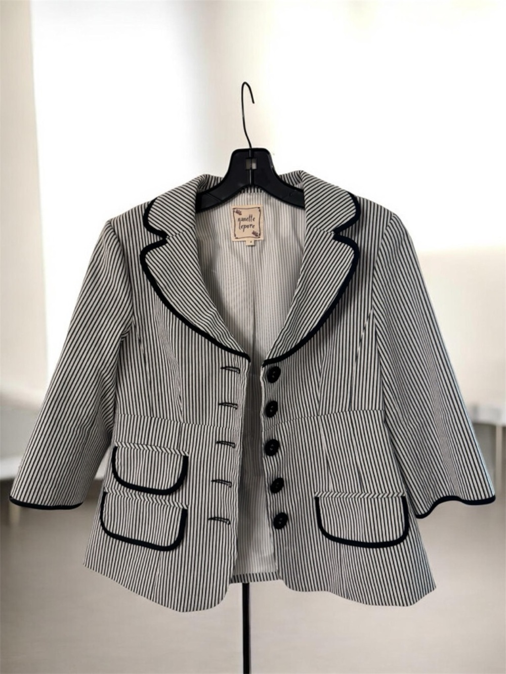 Nanette Lepore Black and White Pinstripe Piped Blazer
